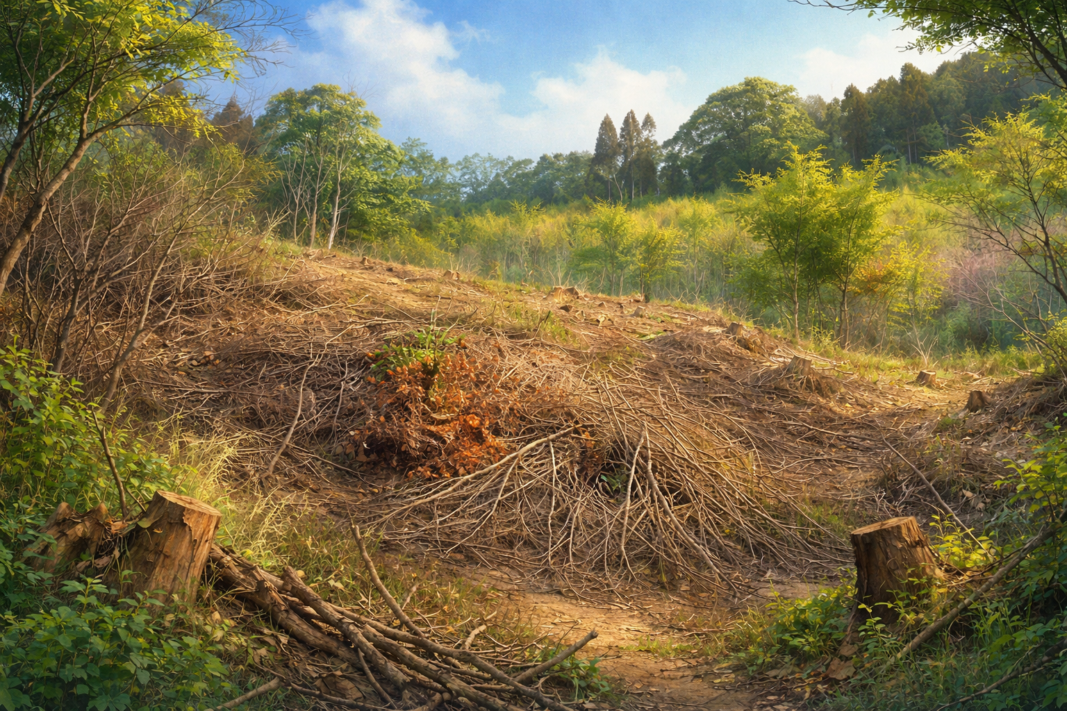 切り株と枝の丘陵地